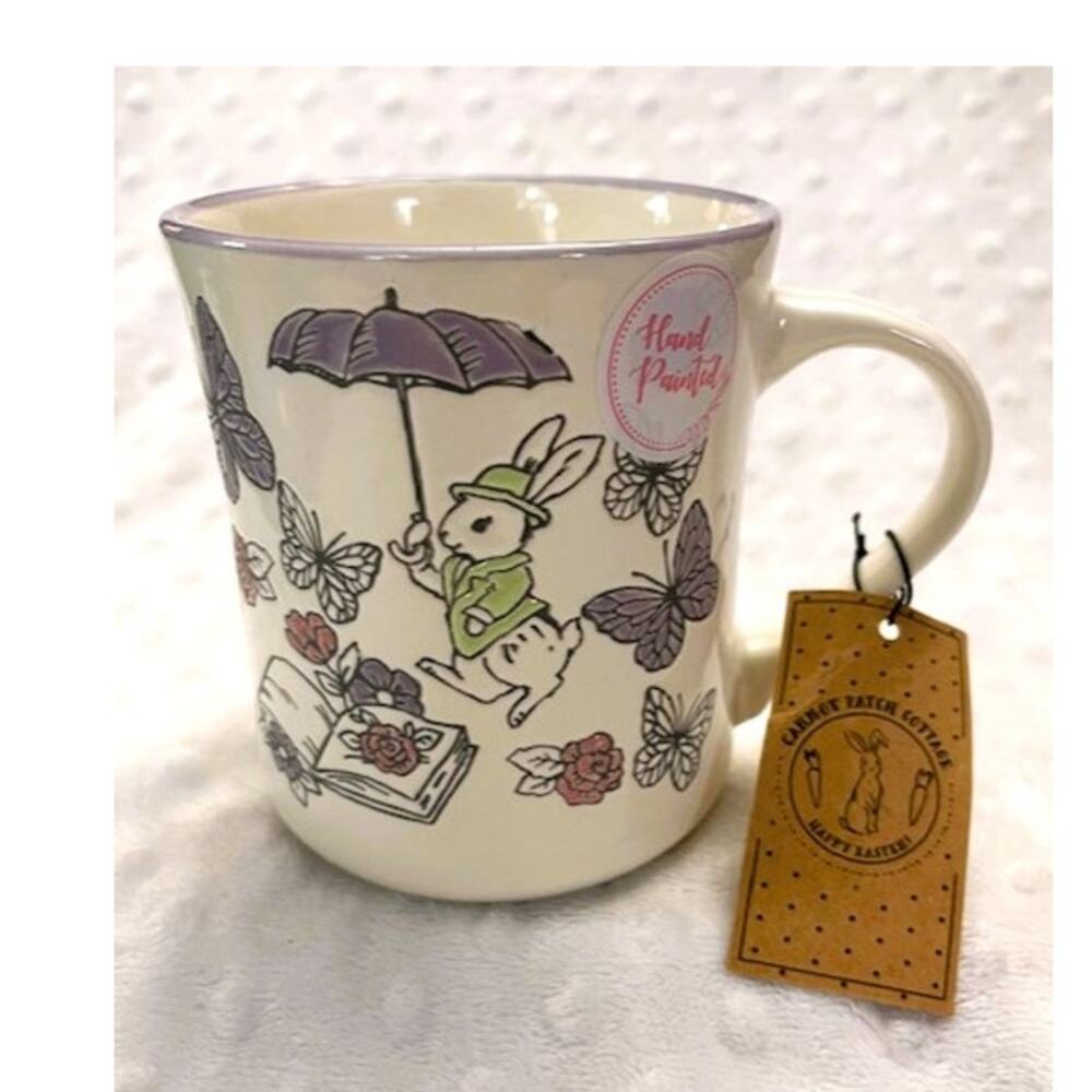 Carrot Patch Cottage White Bunny & Butterfly Handpainted 21oz Mug-NEW